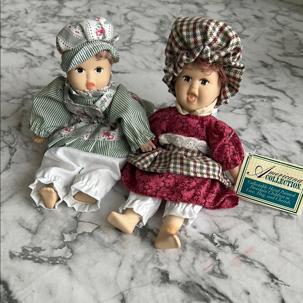 Porcelain hand painted Dolls (2) - Green and Red Outfits, Americana